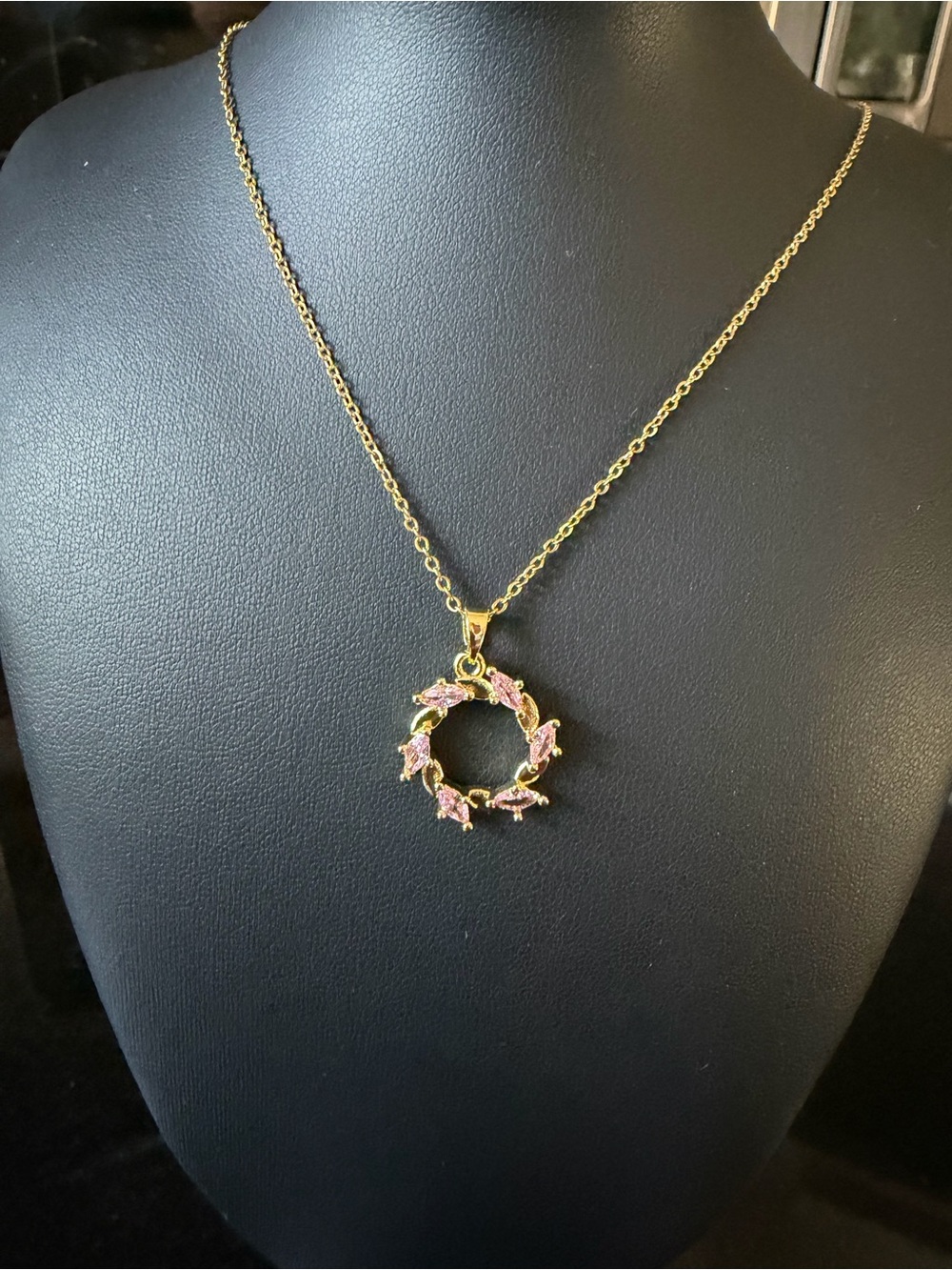 Gold Tone Pink Floral Wreath Pendant Necklace